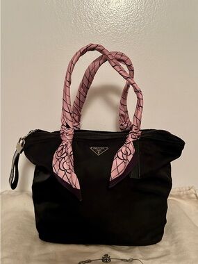 Prada Black Nylon Tote with Pink Scarf-Detail Handles